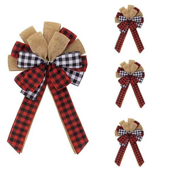 Amamary 4Pcs Christmas Tree Decoration Large Buffalo Plaid Burlap Red and Black Gift Bow Christmas Tree Handmade Festive Party Decoration-40x 24 cm