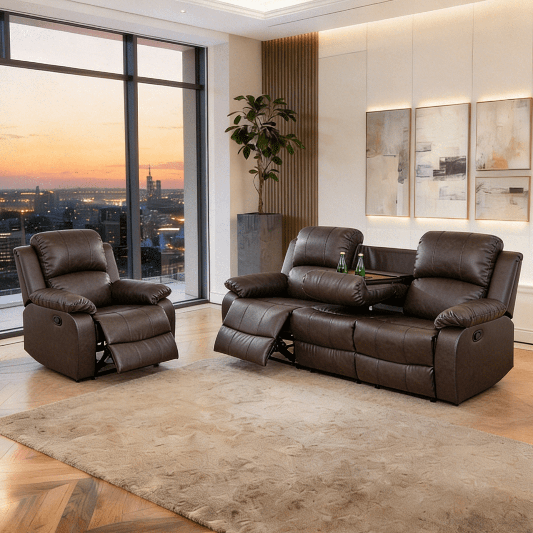 Gewnee 3-Seat Sofa and Recliner with Console and Cup Holders, Air Leather and High-Elasticity Sponge, Adjustable Reclining Angle, Ideal for Living Room,Brown
