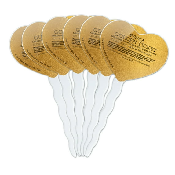 Willy Wonka and the Chocolate Factory Golden Ticket Heart Love Cupcake Picks Toppers Decoration Set of 6