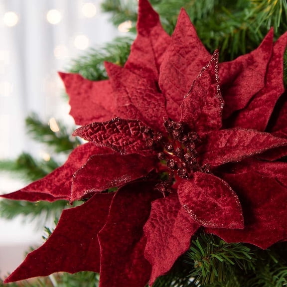 Factory Direct Craft 10" Red Velvet Artificial Poinsettia with Clip, 4" Stem, Christmas Flower Pick, 6 Count