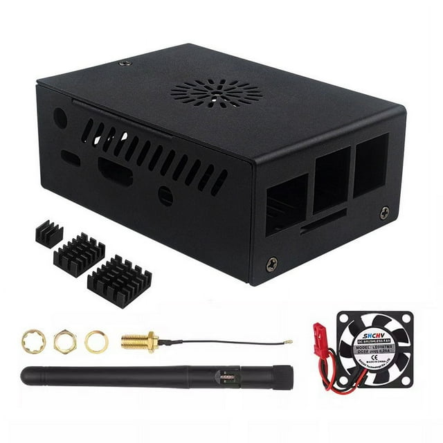 Orange Pi 3B Metal Case Aluminum Alloy Box designed for computer cooling, featuring a black aluminum alloy shell with ventilation slots, a cooling fan, and optional external antenna and heat sink components. Ideal for the Orange Pi 3B development board.