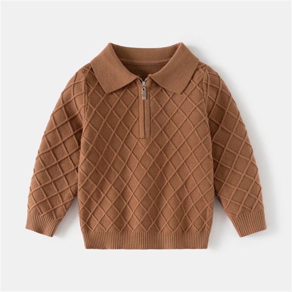 Brown Collar Half Zip Kids Knitted Cotton Sweater - Diamond Pattern, Cozy for 2 Years Infant, Casual Daily Wear/School