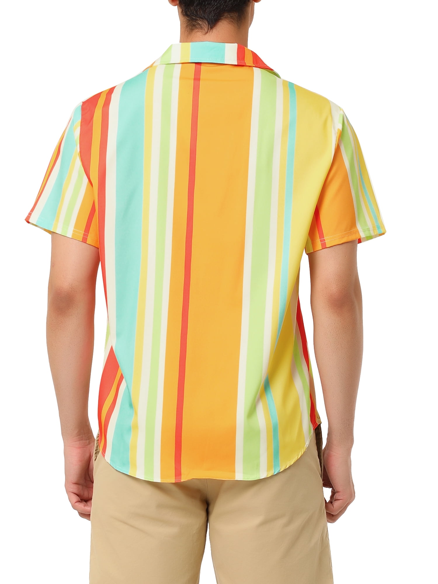 Unique Bargains Men's Summer Striped Shirt Short Sleeve Button Down Beach Shirts S Orange Green Yellow