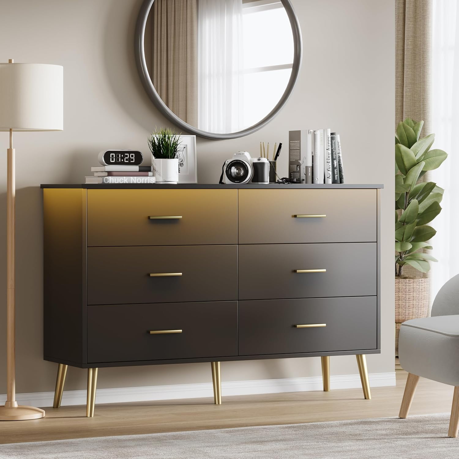 FANRAL 6 Drawers Dresser for Bedroom,Wood Modern Chest of Drawers with LED Light,Metal Support Feet,Black Dresser