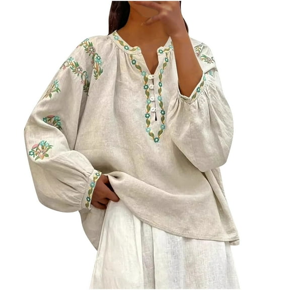 Cmfcve Peasant Top for Woman Plus Size 3/4 Length Sleeve Cotton Linen Tunic Shirts V-neck Vintage Gauze Button Down Shirt