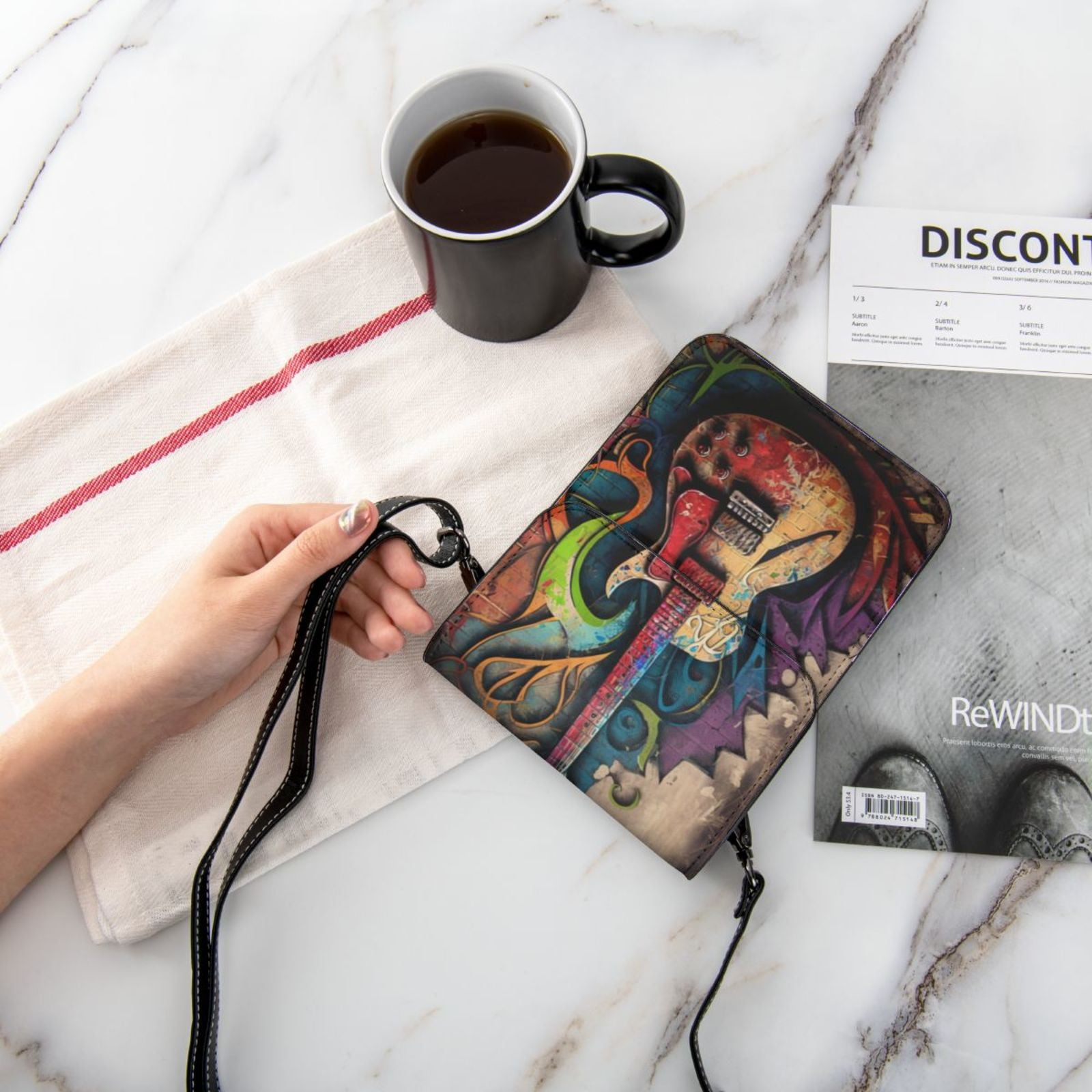 Guitar Music Graffiti Street Wall Art Cell Phone Purse Small Crossbody Bag with Strap Credit Card Slots Leather Shoulder Wallet for Women