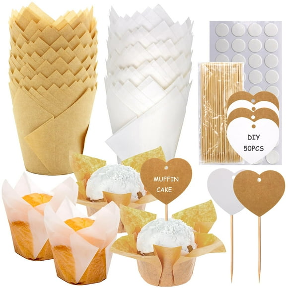 BLUE TOP 2 en 1 100 Pcs Caissettes à Cupcakes Tulipes et 50 Pcs Set de Décoration de Gâteau en Forme de Cœur Parfait et Économique pour Créer du Plaisir pour Vos Fêtes et la Saint-Valentin