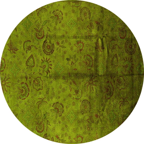 Ahgly Company Machine Washable Indoor Round Oriental Yellow Industrial Area Rugs, 7' Round