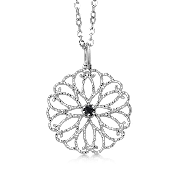Gem Stone King 925 Sterling Silver Round Black Diamond Filigree Pendant Necklace for Women| With 18 inches Silver Chain