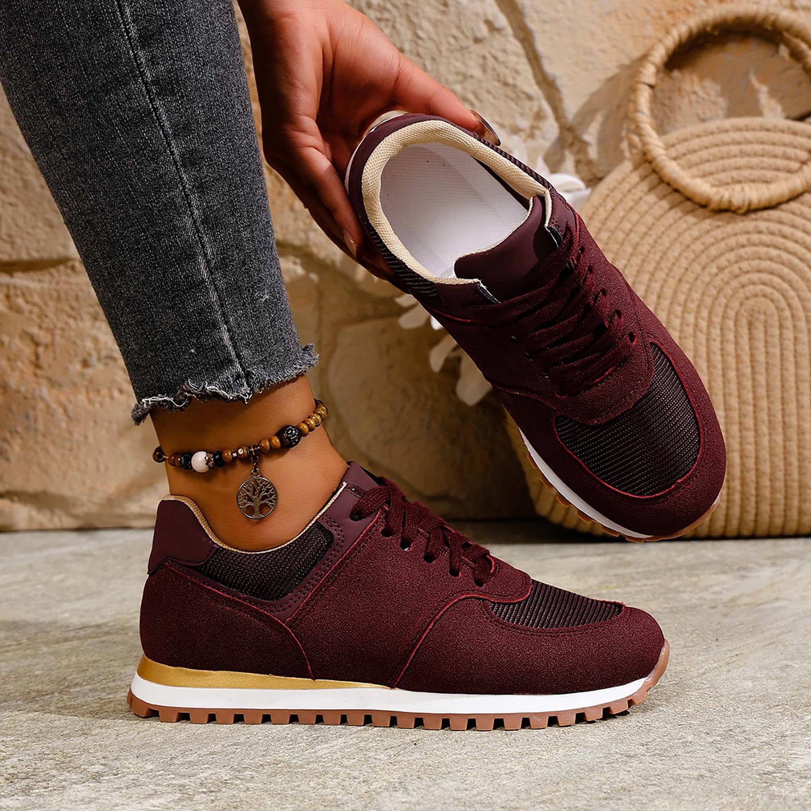 Dakaela Womens Fashion Sneakers 2025 Suede Classic Tennis Running Shoes Lace up Non Slip Trainer Walking Shoes Wine 9.5