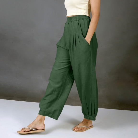 Linen Wide Leg Pants for Women Elastic High Waist Boho Harem Trousers Loose Fit Pleated Bottoms with Pockets Casual Summer Vacationwear