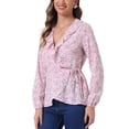 thumbnail image 4 of Blusa de mujer con volantes y escote en V, floral, con lazo autoadherente, estilo peplum, color rosa y rojo, 4 of 6