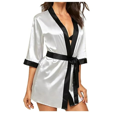 

AIYUQ.U Women Silk Long Sleeve Satin Pajamas Sleepwear Robe With Belt Bathrobe