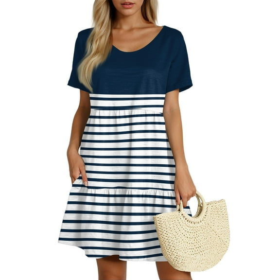 Xyxonk Womens Spring Summer Dresses Short Sleeve Flowy Swing Dresses Baby Doll Striped Crewneck Beach Dresses Dark Blue M
