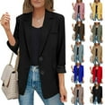 thumbnail image 1 of Blazer Women Solid Open Front Long Sleeve Work Office Lapel Collar Buttons Suit Jacket Red M, 1 of 5