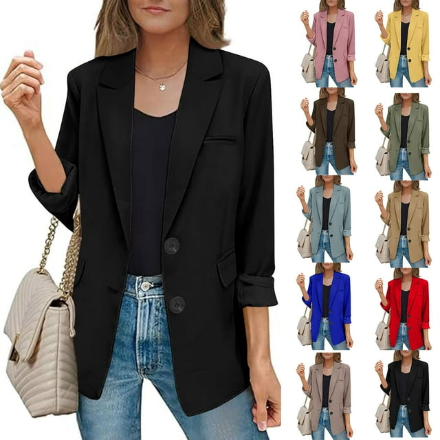 Blazer Women Solid Open Front Long Sleeve Work Office Lapel Collar Buttons Suit Jacket Red M