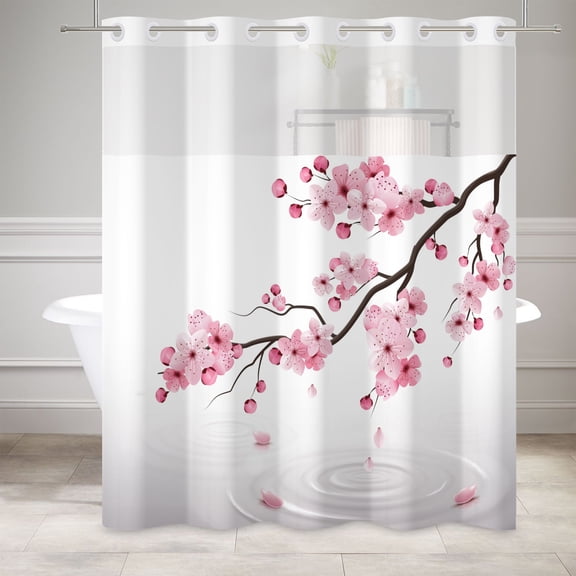 MIZHONA Pink Cherry Blossom No Hook Shower Curtain with Snap in Liner, Fabric Bathroom Curtain,71"× 74"