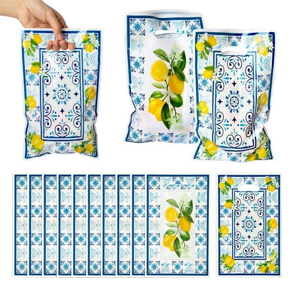 Belanttega 50Pcs Capri Lemon Party Favor Bag Blue Tiles Yellow Lemon Waterproof Goodie Bag Citrus Fruit Rectangular Gift Bags For Gift Wrapping Lemonade Stand Giveaways Bridal Baby Shower Favors