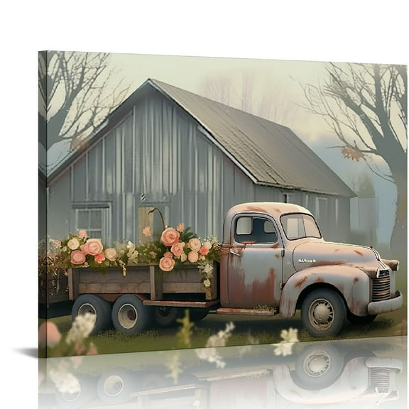 Shadudu Farmhouse Canvas Wall Art Blue Old Truck Barn Paintings Vintage Pickup with Flowers on Antique Vehicle Artwork Prints for Home Living Room Guest Bedroom Decor 20x16in