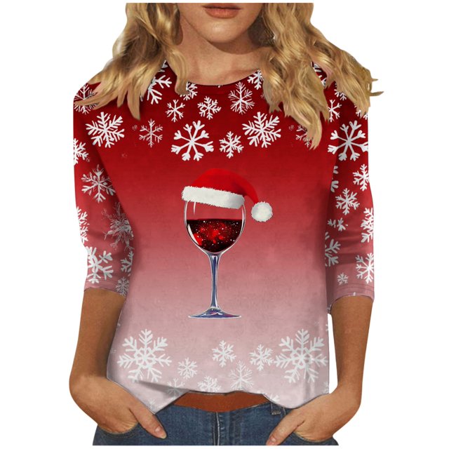 Lcziwo 3/4 Sleeve Womens T Shirts Round Neck Christmas Holiday Tops Funny Wine Glass Print Loose Blouses 2025 Fal Fashion Casual Tees Red,M