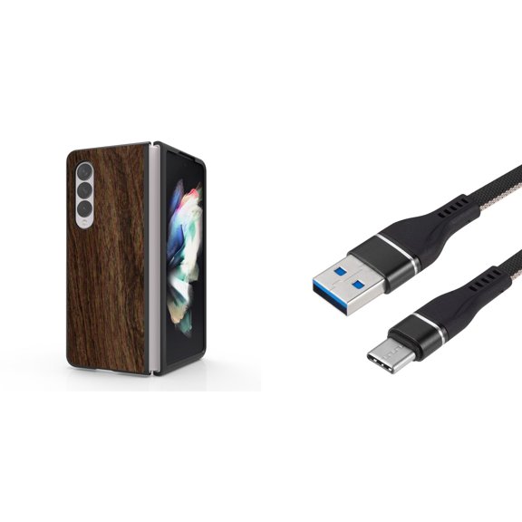 Accessory Bundle for Galaxy Z Fold 4: Slim Snap-On Case (Dark Brown Wood), Nylon Braided USB-C to USB-A Cable (3 Feet)