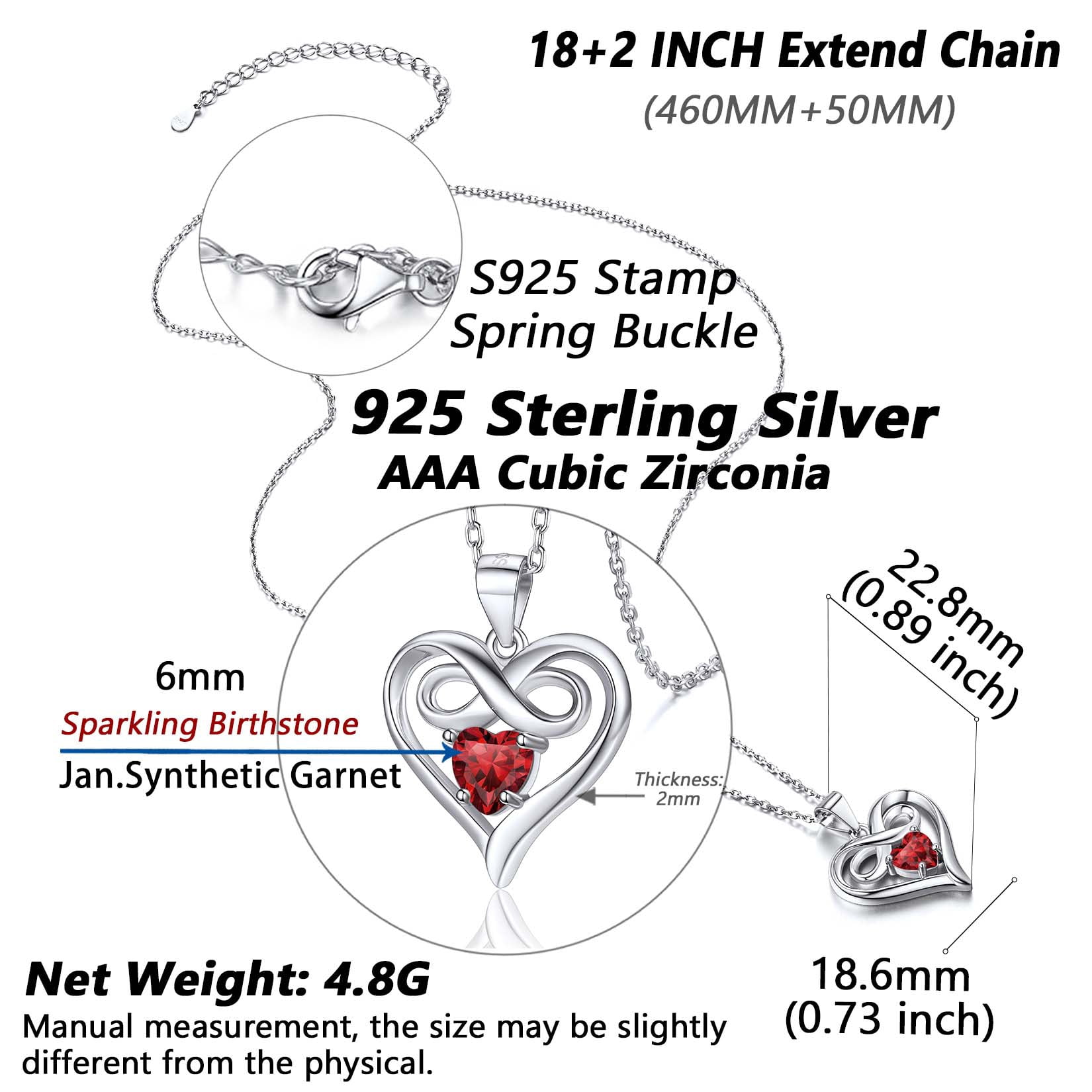 Silvora S925 Sterling Silver Necklace for Women Heart Infinity Birthstone Necklaces Red Garnet Pendant Birthday Christmas Anniversary Valentines Jewelry Gifts, January