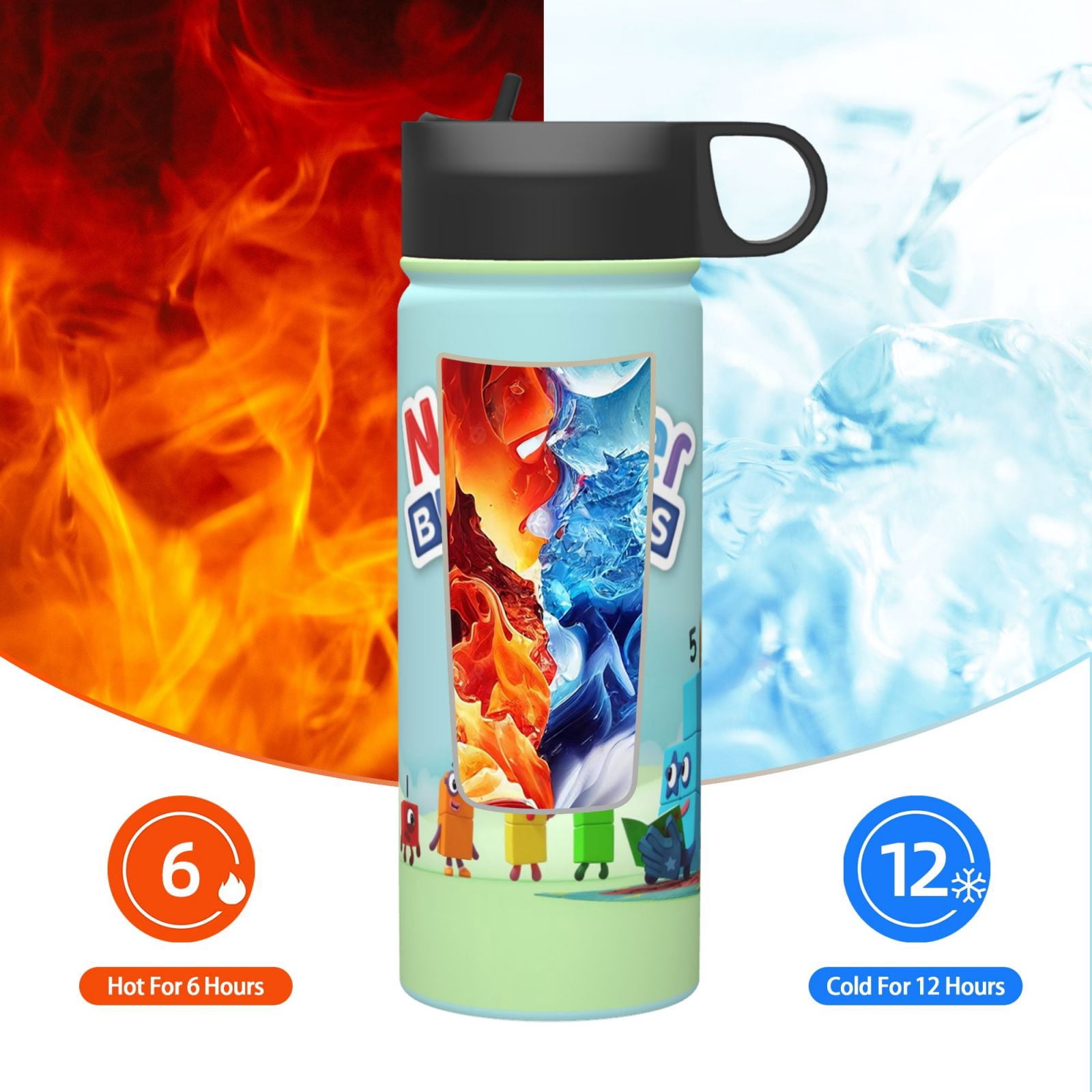 Numberblocks Insulated Water Bottle with Straw Lid, 18 oz Double Wall Vacuum Stainless Steel Kids Cup, Leak Proof Sports Thermos for Travel Fitness Hiking Outdoors