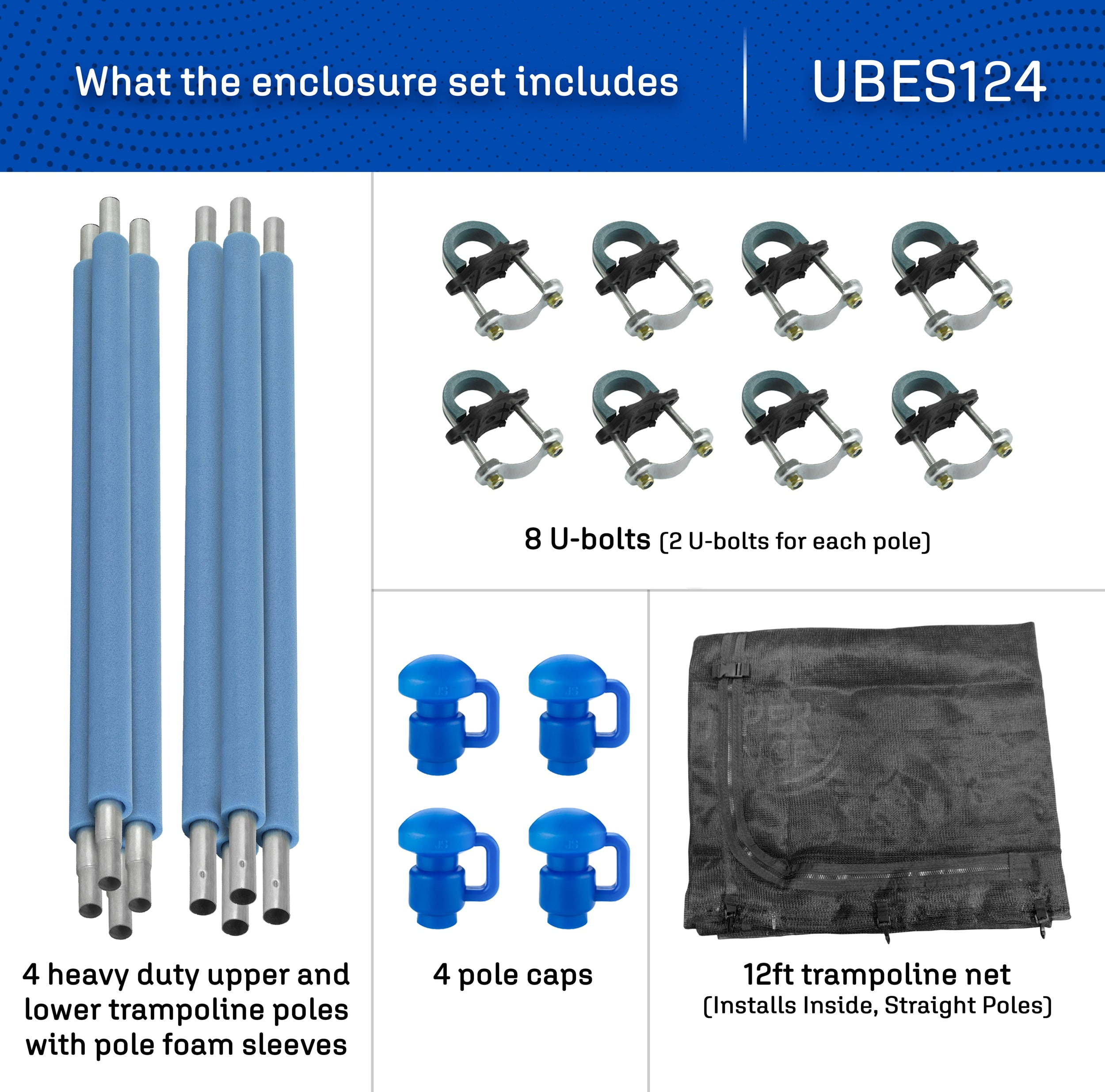 Machrus Upper Bounce Trampoline Safety Enclosure Set including Trampoline Net, 4 Trampoline Poles, Caps, Trampoline Pole Foam Sleeves - For 12ft Round Trampoline Frame - Installs Inside the Frame