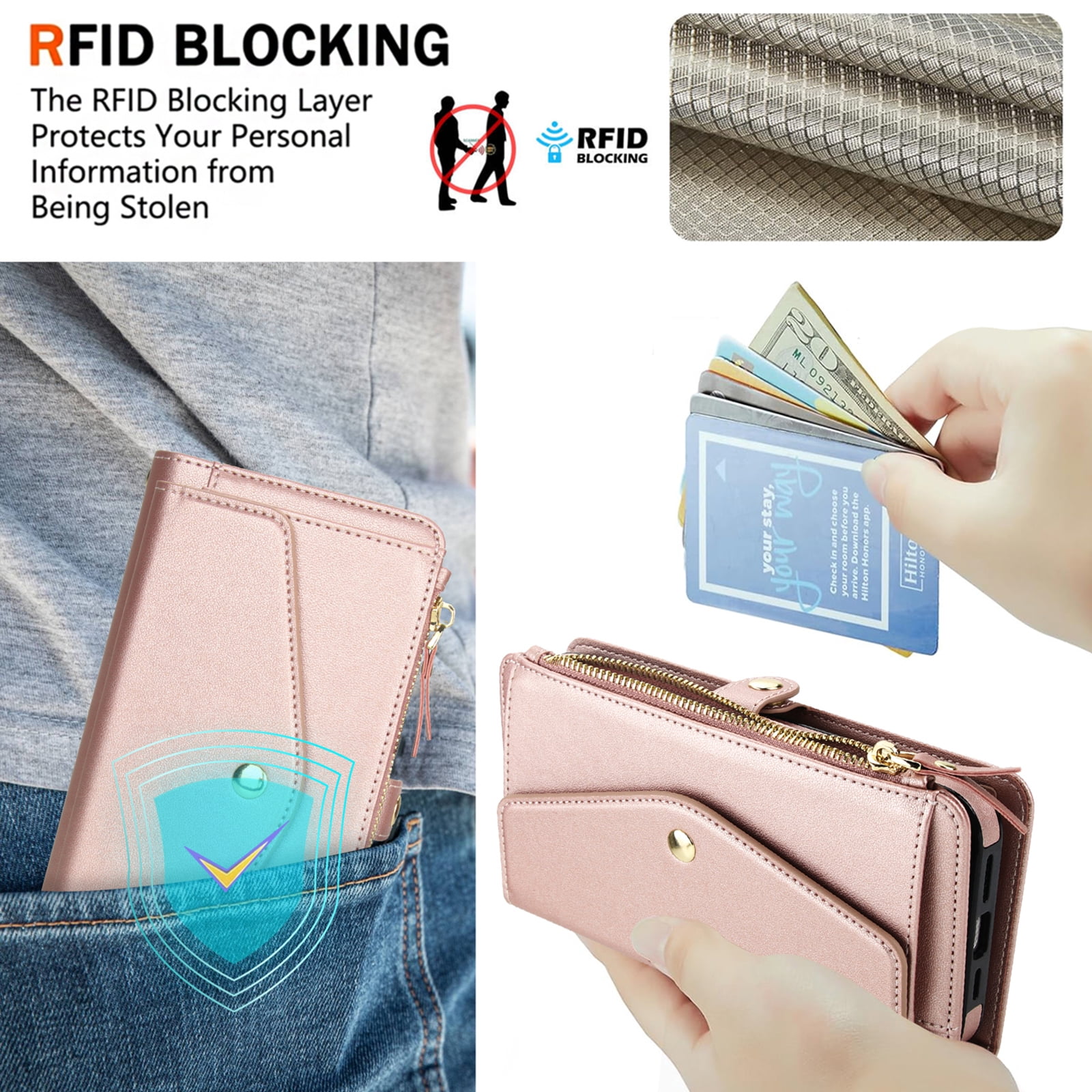 Dteck Crossbody Wallet for iPhone 15 Pro with Detachable Magnetic Phone Case, Compatible with MagSafe, RFID Blocking PU Leather Flip Cover Wrist Strap Zipper Card Holder Slots,Rosegold