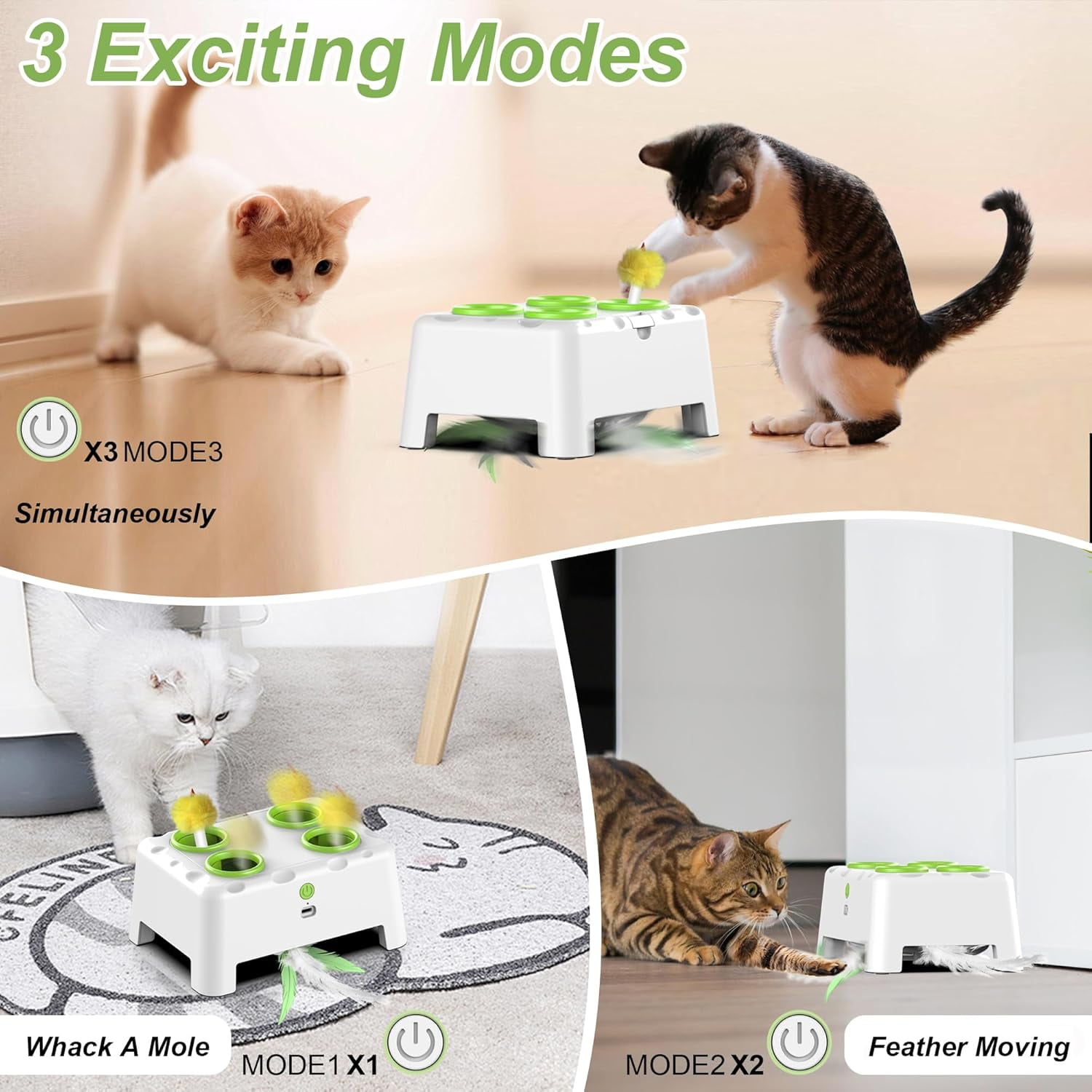 2-in-1 Cheese Box Interactive Cat Toys Automatic Cat Toy, 4 Holes Mice Whack A Mole &  Moving Feather& Squeaky, Portable USB Rechargeable Electronic Kitten Toys (White)