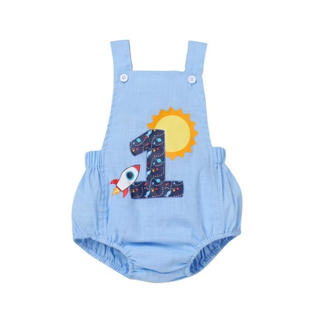 

IBTOM CASTLE Infant Toddler Baby Boys Boho 1st Birthday Outfit Backless Overalls Romper for Cake Smash Photo Shoot 6-12 Months Blue
