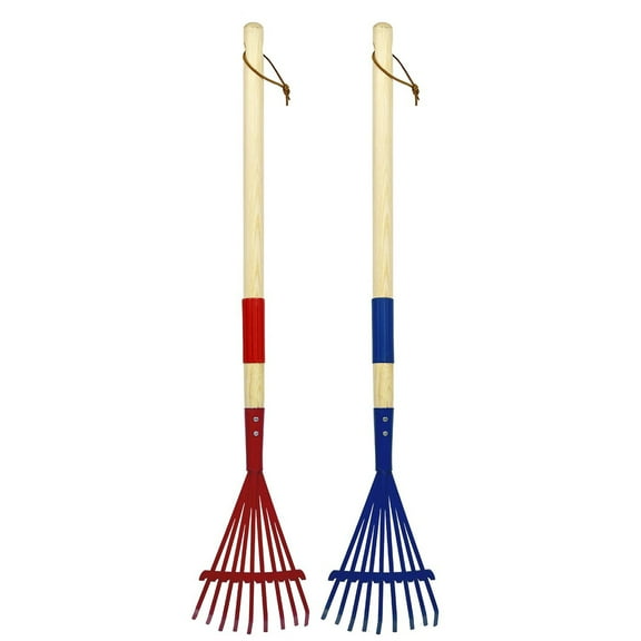2 Piece Garden Rake Leaf Set Wooden Handle 9 Tine Rake For Leaf Collection Hay Raking Kids Play Household Use