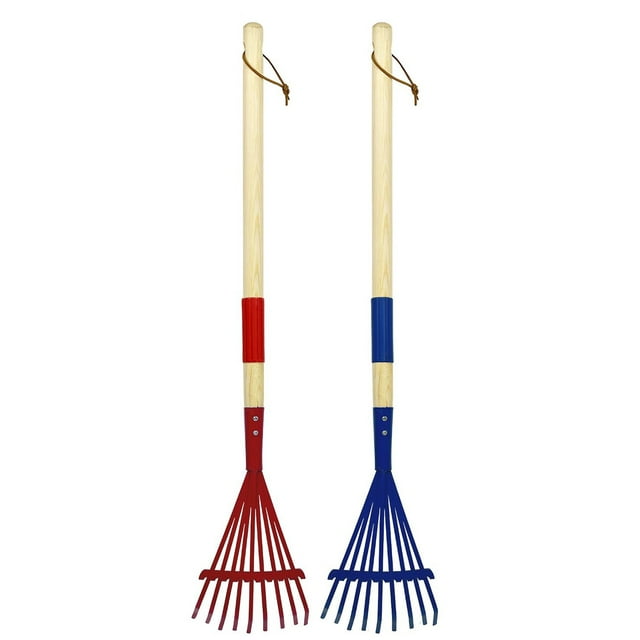 2-Piece Garden Tool Set, Rake & Leaf Collector, 9-Tine, Wooden Handle, for Kids & Household Use