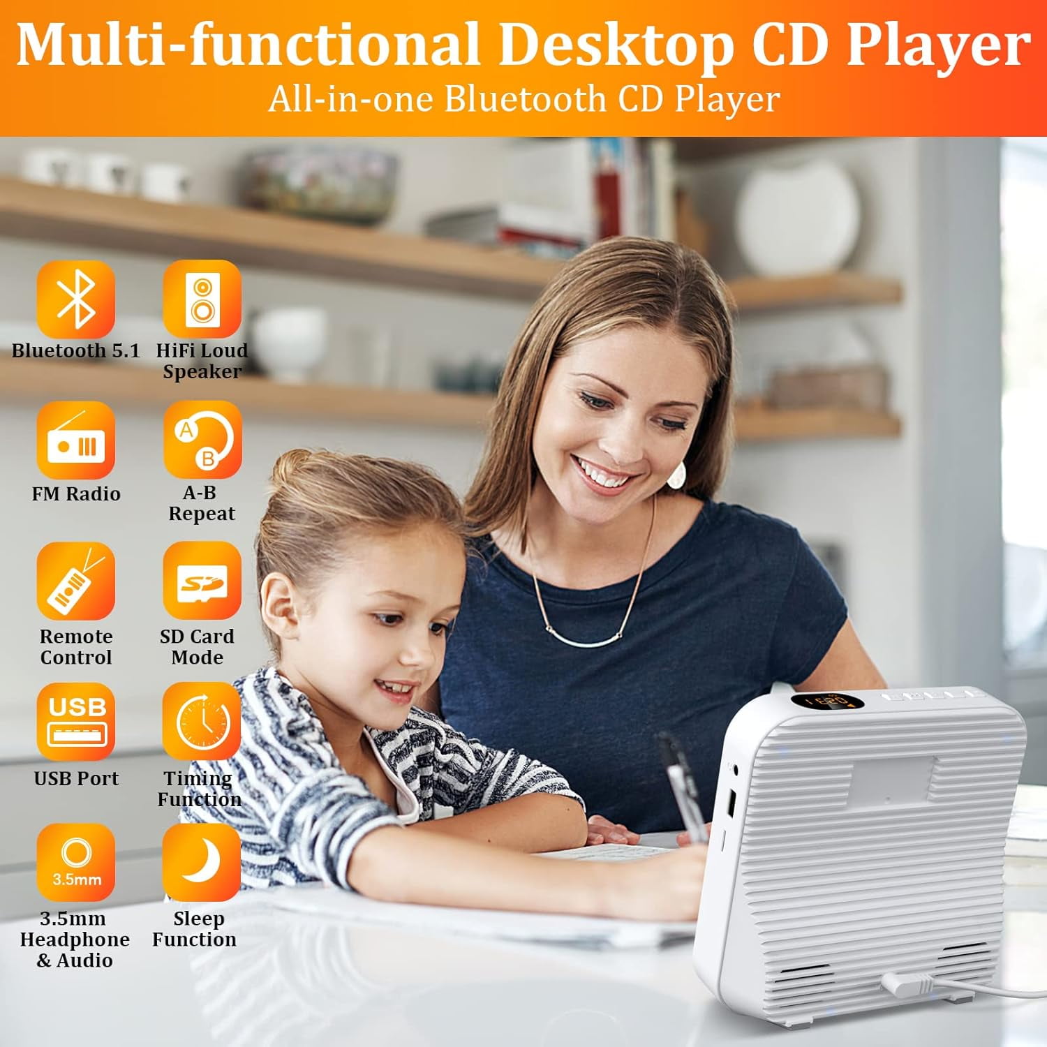 Gueray CD Player Portable Bluetooth 5.1 Desktop CD Player with Hifi Sound Speakers, Remote Control, Dust Cover, LED Display, FM Radio Wireless, Party