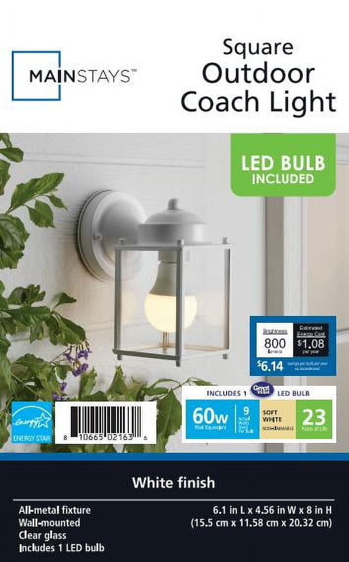Mainstays Classic 6" White Square Outdoor Coach Light Lantern, Wall Mounted, Hardwired, Bulb Included
