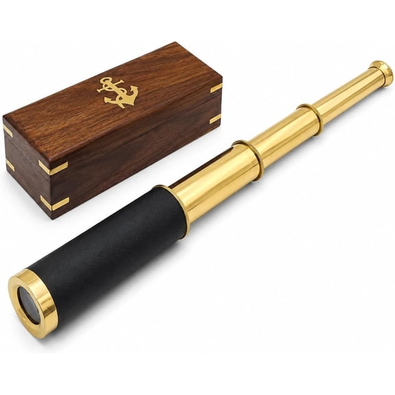 Nautical Brass/Leather Spyglass Telescope with Rosewood Box, 15"