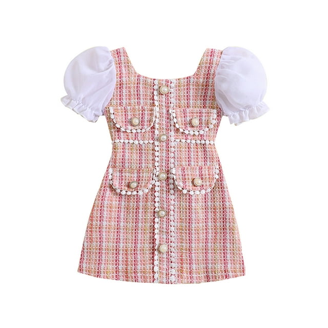 Fortune Robe Fille 1-6 Ans, Manches Bouffantes Mélange de Couleurs Perles Patchwork Robe Droite