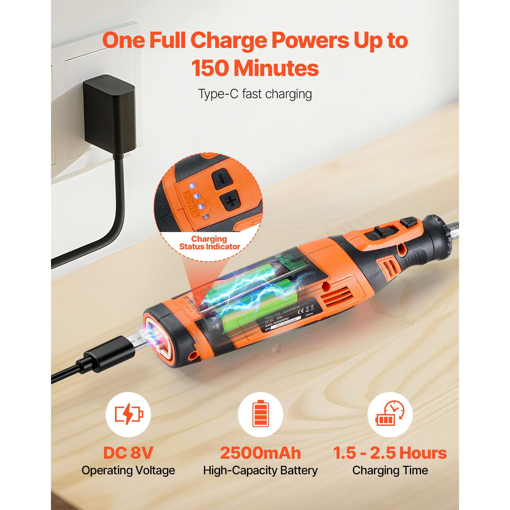 Cordless Rotary Tool Kit 136-Piece, DC8V with 5 Speeds 5000-30000 RPM, 2500mAh Battery, Type-C Charging, LED Speed Indicators for DIY Cutting Sanding Polishing