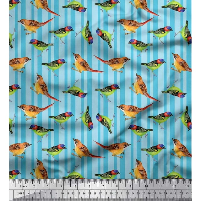 Soimoi Poly Georgette Fabric Stripe & Sparrow Bird Printed Craft Fabric by The Yard 52 Inch Wide