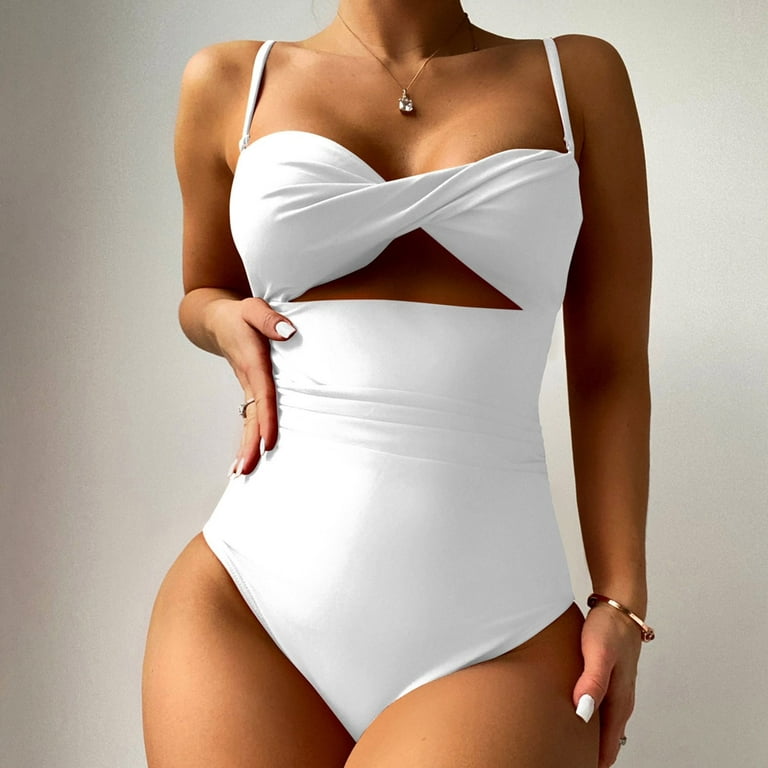YWDJ One Piece Bathing Suit for Women Athletic Fashion Women Swimwear Solid  Halter Neck Backless Swimsuit White M 
