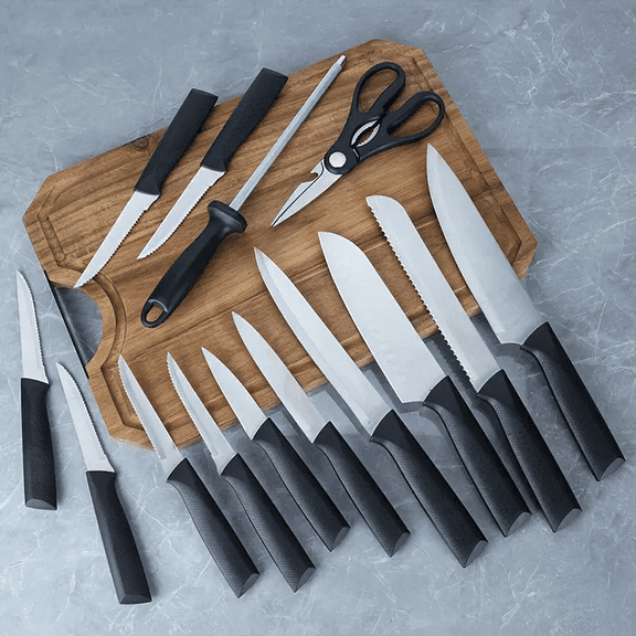 15-Piece Kitchen Knife Block Set with Sharpener | High-Carbon Stainless Steel Knives for Professional Home Cooking (Black/Brown)