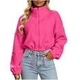 thumbnail image 2 of XRoczxe Women Stand Collar Full Zip Fleece Cropped Jacket Drawstring Hem Drop Shoulder Long Sleeve Casual Warm Polar Fleece Outerwear Multiple Solid Colors Hot Pink, 2 of 6