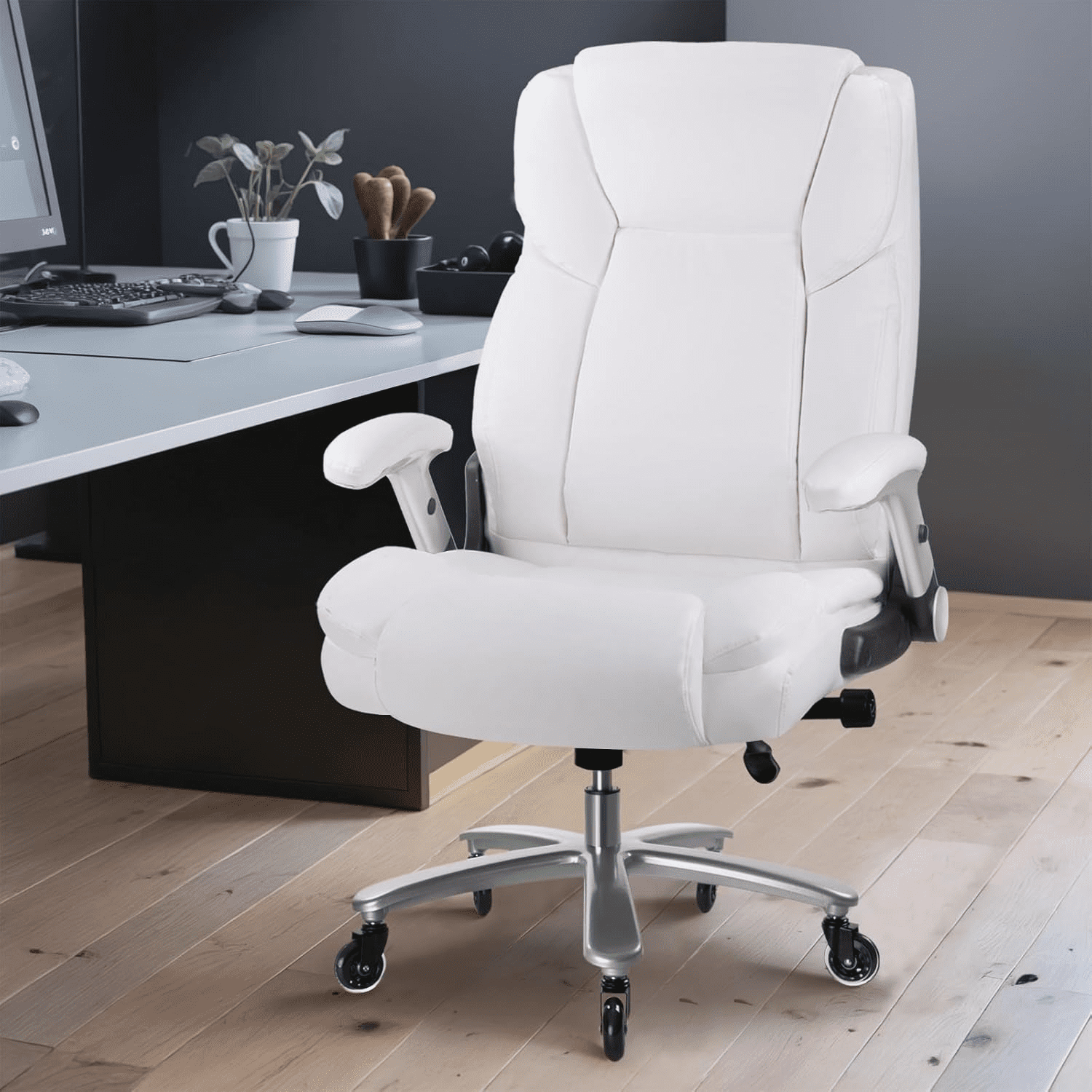 BOSSIN 600lbs Big and Tall Office Chair with Flip up Armrest, Large Heavy Duty with Ergonomic Lumbar Support, Executive Office Chair for Heavy People with Quiet Rubber Wheel(White)