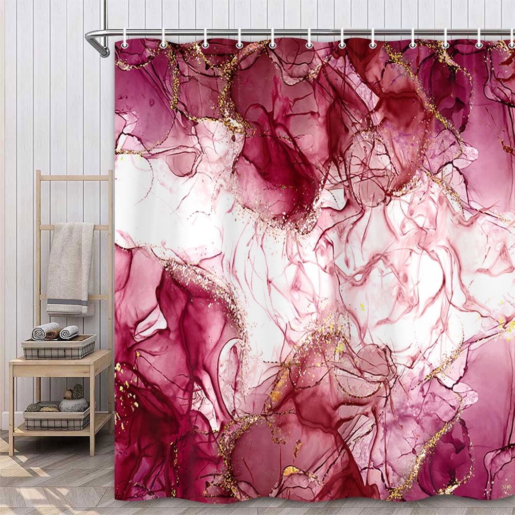 Burgundy Red Gold Marble Texture Shower Curtain Sets, Abstract Modern Fabric Shower Curtain for Bathroom, 3D Printing Durable Waterproof Washable Bath Curtain with Hooks, 36X72in