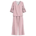 thumbnail image 7 of Women Striped Casual Two Piece Outfit, V-Neck Three Quarter Sleeve Top And Wide Leg Pants, Soft Loose Fashion Co-Ord Set For Everyday Leisure Wear Watermelon Red L, 7 of 7