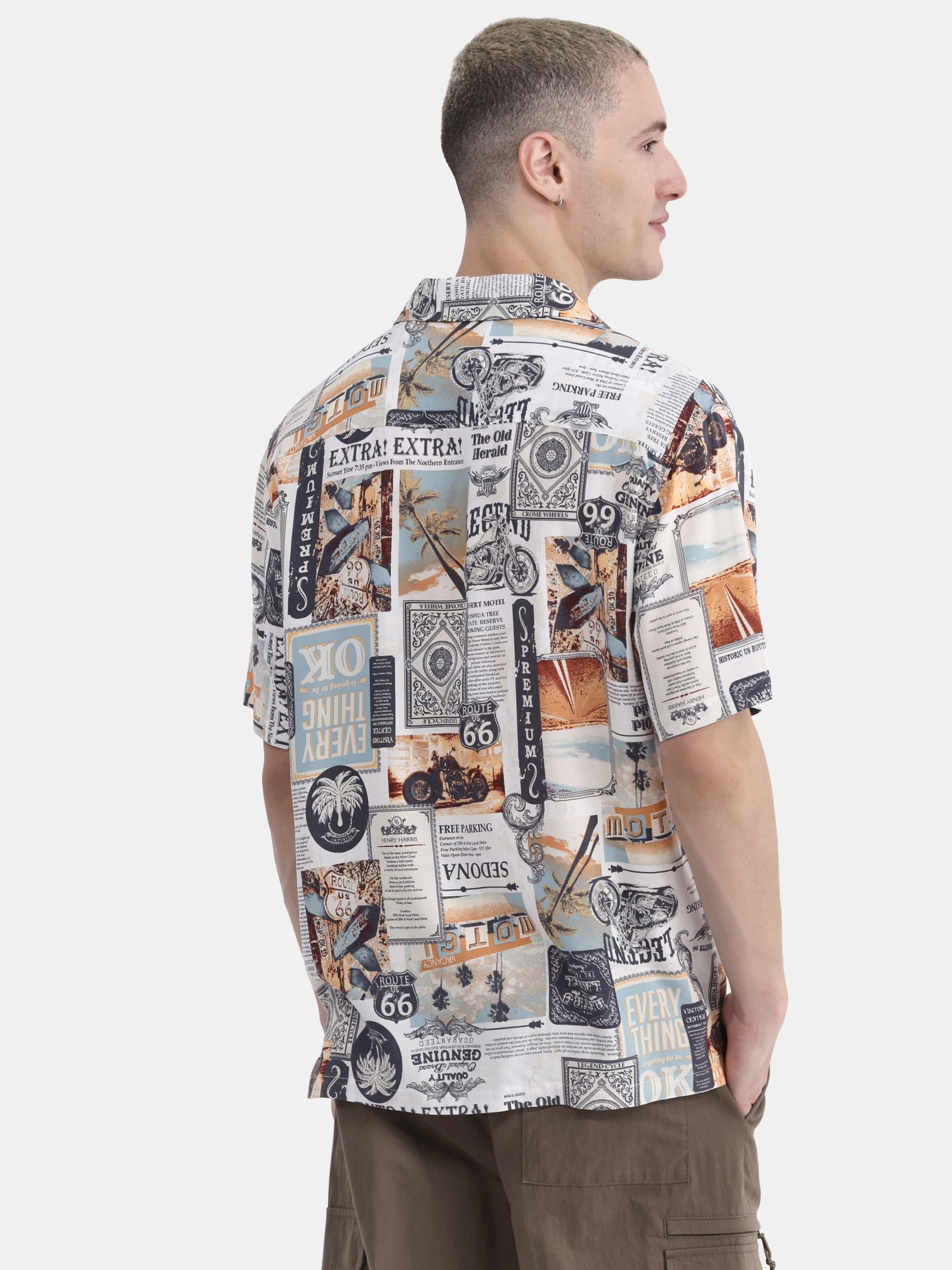 No Boundaries Men's & Big Men's Rayon Print Button Up Shirt with Short Sleeves, Sizes XS-5XL