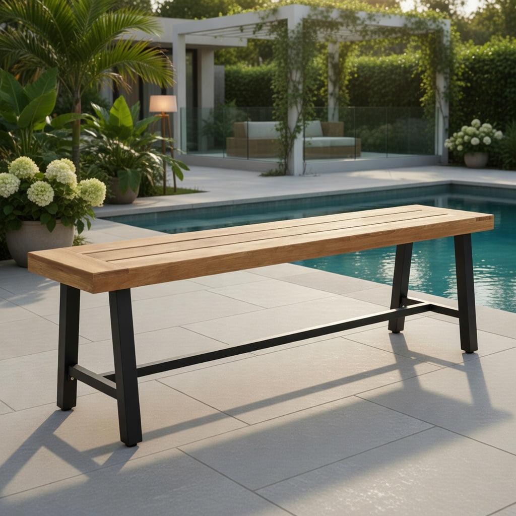 Hommoo 63" Acacia Wood Outdoor Patio Bench for 3 People, Metal-Framed Garden Seating, Heavy-Duty, Natural