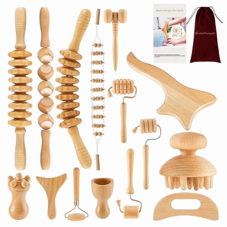 15 Pcs Wooden Massage Tools Set, Body & Face Massage Kit with Roller Stick, Gua Sha & Handheld Massagers, Wood Massager Set with Velvet Storage Bag & Guide