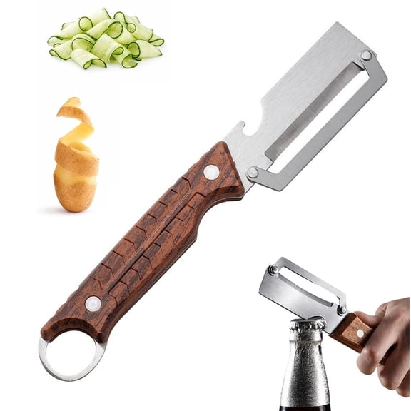Bxaolu Multi Functional Vegetable Peeler with Wooden Handle and Bottle Opener, Stainless Steel Kitchen Peeler Tool for Potato Carrot Pumpkin Papaya, Premium Single Blade Food Peelers -1Pack