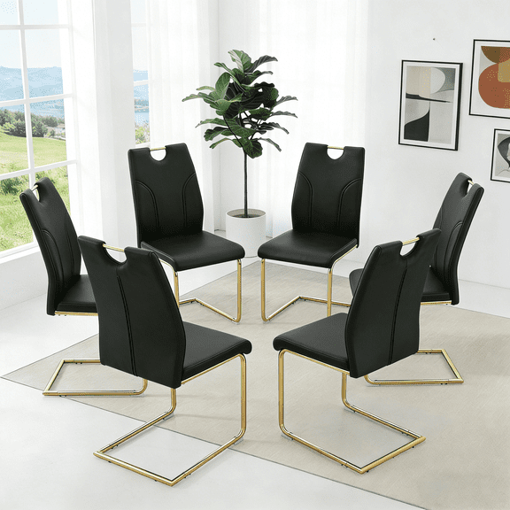 StnTalk Black Dining Chairs Set of 6, Modern Faux Leather Upholstered Kitchen & Dining Room Chairs with Curved Backrest Handle and Gold Metal Legs, Comfortable Armless Side Chairs, Easy Assembly